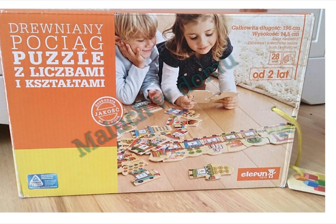 Drewniany pociąg puzzle z liczbami i kształtami