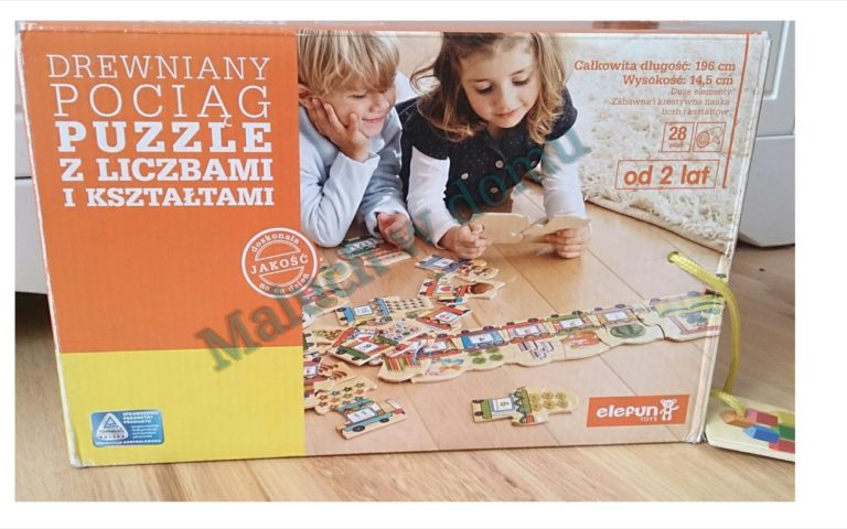 Drewniany pociąg puzzle z liczbami i kształtami