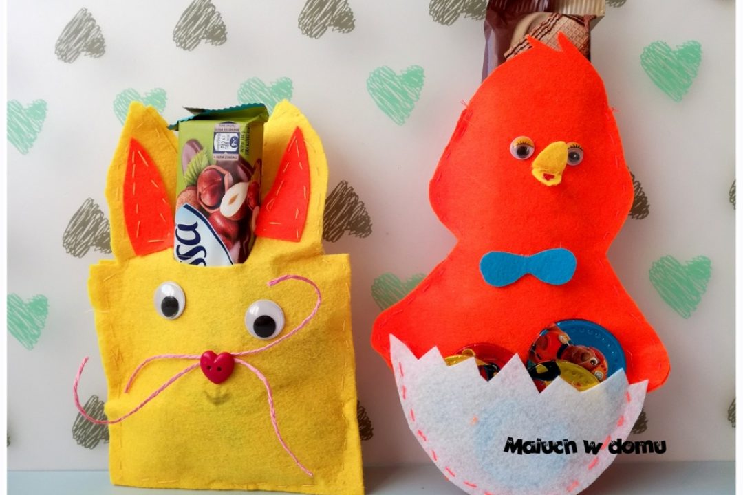 Wielkanocny kurczak i zając z filcu na słodycze